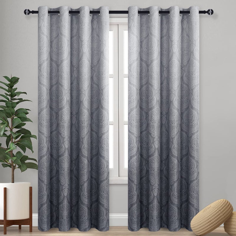 DWCN Ombre Blackout Curtains for Bedroom - Damask Patterned Thermal Insulated Energy Saving Grommet Curtains for Living Room, Set of 2 Gradient Window Curtain Panels, 52 x 96 Inches Long, Grey - Image 1